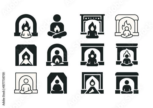 Fireplace Icons Grid. People enjoying a warm fire in the fireplace. Icon set. Set Logo of people enjoying a warm fire in the fireplace: fireplace glow and