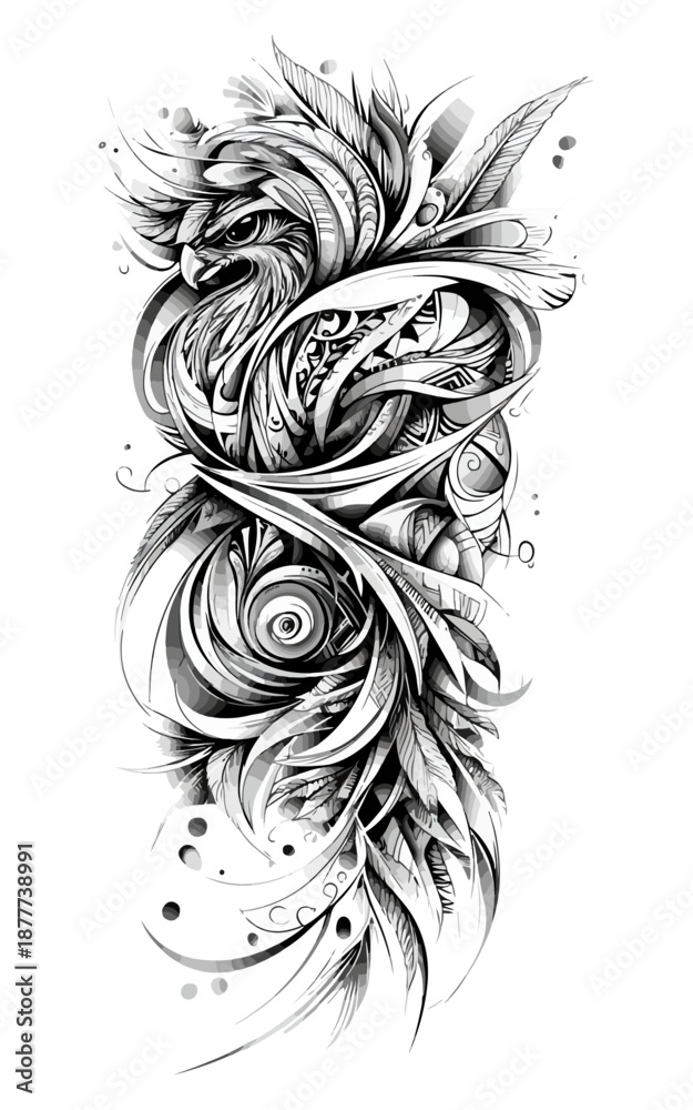 Fototapeta premium Tattoo flash style black and white vector eagle and hawk designs with Celtic knot ornaments, tribal patterns, linework and grunge ink splash elements, perfect for t-shirt print and tatto