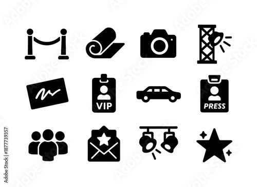 Red Carpet Icons. Red carpet event. Solid icon set of red carpet event: velvet rope stanchions, carpet roll, paparazzi camera, spotlight tower, autograph card,