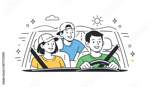 Joyful Road Trip. Road trip together. People sitting in a car, smiling and looking ahead at the open road. Relaxed travel mood and friendly companionship in a