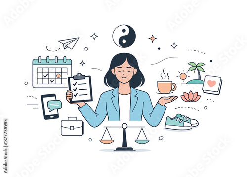 Work-Life Harmony. Work?life balance. Professional woman managing tasks and personal time with calendar, phone, and calm symbols, representing balance and