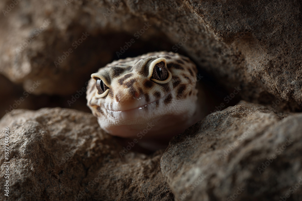Naklejka premium Rare leopard gecko exploring a textured habitat.