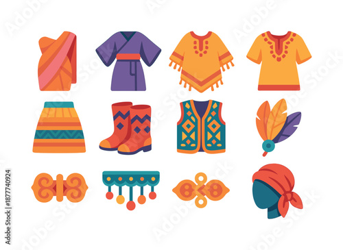 Global Wardrobe Icons. Global Wardrobe. Colorful flat vector icons set of Global Wardrobe: sari wrap, kimono sleeve, kaftan silhouette, poncho edge,