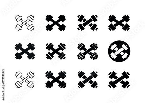 Cross-training Logo Variants. Cross-training. Icon set. Set Logo of cross-training: crossed dumbbells. harmonious logo variations of the same emblematic