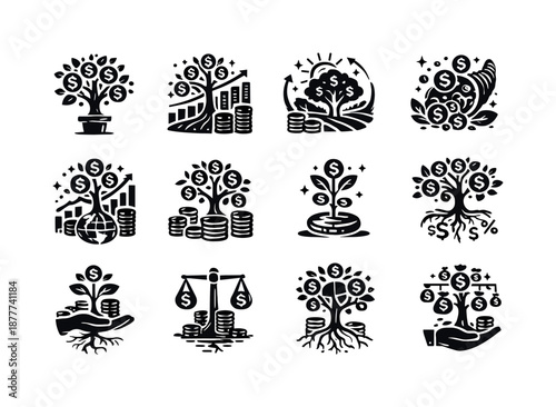 Icons of Economic Growth. Economic prosperity. Solid icon set of Economic prosperity: prosperity tree, flourishing economy icon, growth landscape tree,