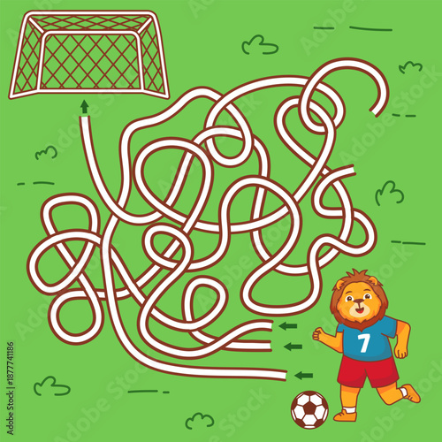 A lion maze football game. Score a goal. A game for children to develop logic.Maze or labyrinth game. Educational maze game for children.Soccer animal. Lion playing soccer ball.Soccer maze.
