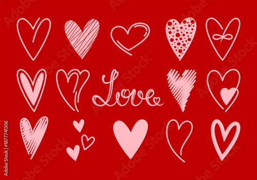 Hand drawing hearts set with Love lettering. Valentines day vector illustration