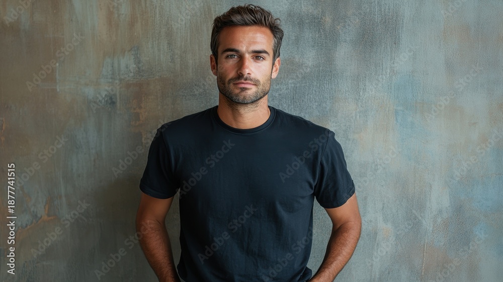 Obraz premium A man in a black shirt is standing in front of a wall. He is smiling and looking at the camera