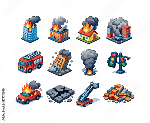 Burning City Icons. burning city with smoke clouds. Colorful isometric vector icons set of burning city with smoke clouds: flaming skyscraper, smoky apartment