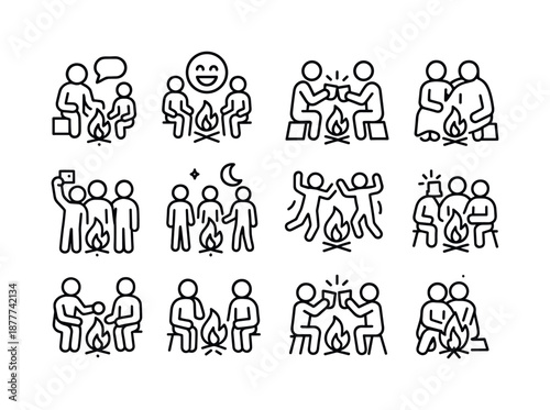 Bonfire Activity Icons. Bonfires and outdoor gatherings. Line icon set of group activity icons: storytelling speech bubble, laughter emoji, clinking cups,