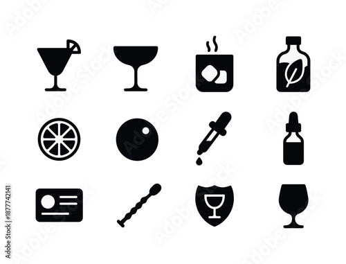 Signature Drink Icons. Signature drinks. Solid icon set of signature drinks: house cocktail, crafted coupe, smoked glass, infused spirit bottle, signature