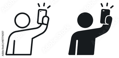 Line art and solid style person icon set featuring a person taking a selfie with a smartphone for modern digital communication