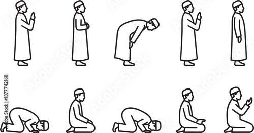 Set of shalat islamic prayer poses