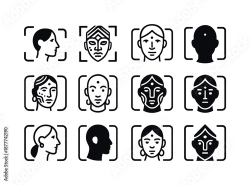 Cultural Portraits Icons. Travel photography and cultural portraits. Icon set. Set Logo of travel photography and cultural portraits: face with cultural marks.