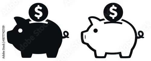 Modern graphic piggy bank icon set featuring solid and line art styles with dollar coins for finance and saving