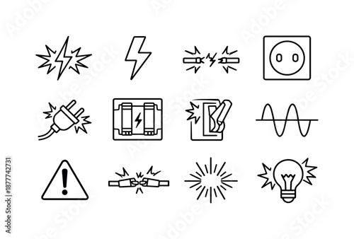 Electric Symbol Set. Electric Flicker. Line icon set of Electric Flicker: electric spark, lightning bolt, short circuit, power outlet, plug spark, fuse box,