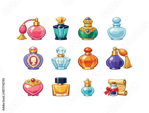 Vintage Perfume Icons. Vintage Perfume Bottles. Colorful flat vector icons set of Vintage Perfume Bottles: antique atomizer bulb, Art Deco bottle, ornate