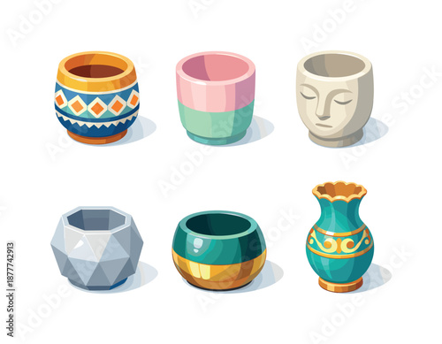 Colorful Planters Grid. Decorative planters. Isometric flat vector icons set of Decorative planters: patterned ceramic pot, pastel color planter, face-shaped