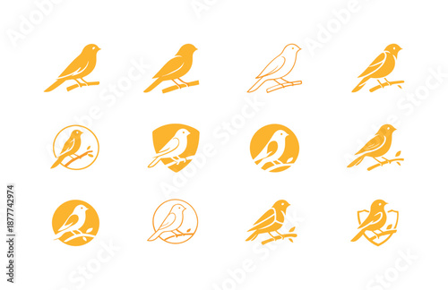 Canary Logo Variations. canaries. Icon set. Set Logo of canaries: perched canary on branch. harmonious logo variations of the same emblematic concept, each