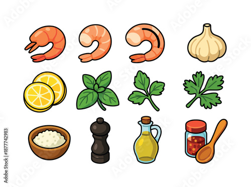 Shrimp Ingredients Icons. Shrimp ingredients. Colorful isometric vector icons set of shrimp ingredients: raw shrimp, peeled shrimp, deveined shrimp, garlic
