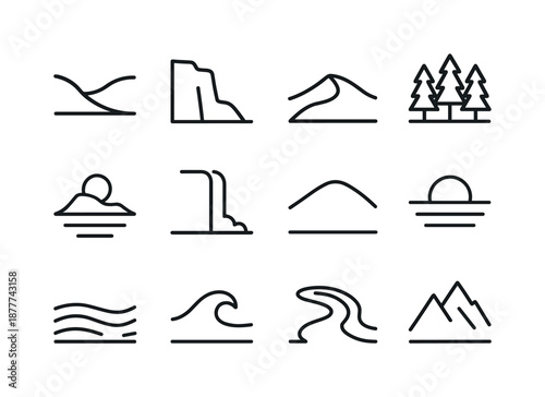 Nature Icons Collection. Graphic design trends nature inspired design example. Line icon set of landscape motifs: valley curve, cliff edge, desert dune, forest