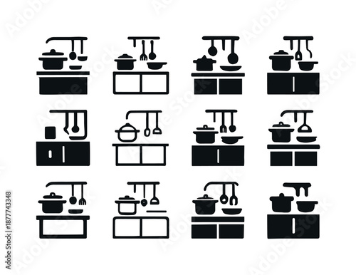 Diverse Cooking Logos. cooking show. Icon set. Set Logo of cooking show: kitchen counter set. harmonious logo variations of the same emblematic concept, each