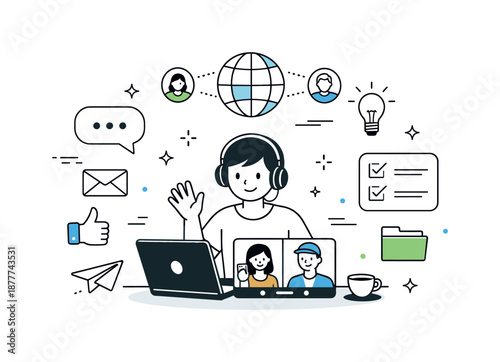 Digital Nomad Networking. Digital nomad communication. Person on a video call with chat bubbles and icons floating around. Connected teamwork and global