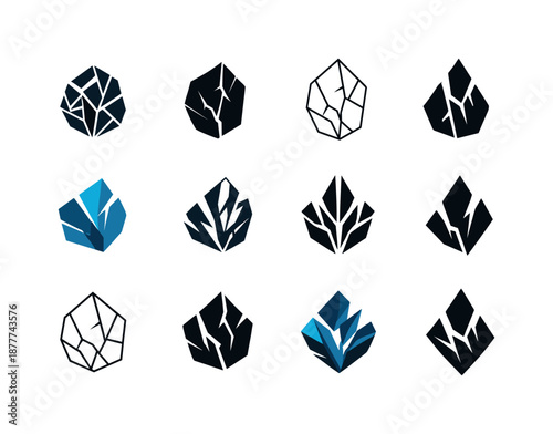 Abstract Shard Icons. Shard. Icon set. Set Logo of shard: fractured polygon shard. harmonious logo variations of the same emblematic concept, each with