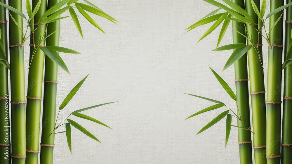 Fototapeta premium Vibrant green bamboo stalks and leaves framing a textured light background for copy space