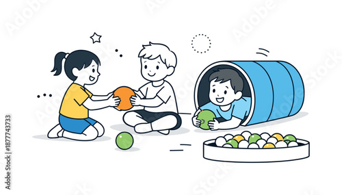 Indoor Playground Fun. People at indoor playground interaction. Kids playing together with balls and tunnels. Friendly social interaction and shared fun