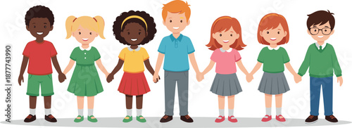 Diverse children holding hands vector illustration showing multicultural kids friendship, unity and inclusion in flat cartoon style isolated on white background