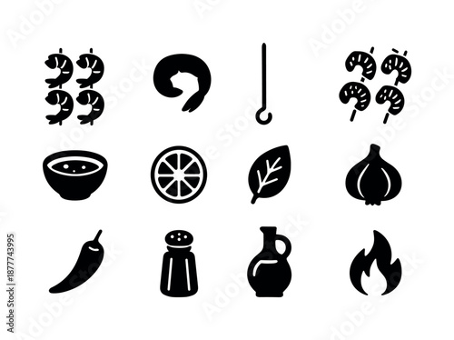Grilled Shrimp Icon Set. Shrimp skewers. Solid icon set of shrimp skewers: shrimp, peeled shrimp, skewer stick, grilled shrimp, marinade bowl, lemon slice,