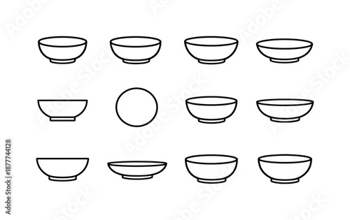Bowl Icon Set. Bowl. Line icon set of Bowl: empty bowl, round ceramic bowl, deep soup bowl, shallow bowl, bowl side view, bowl top view, simple kitchen bowl,