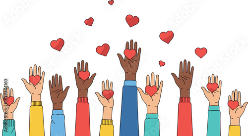 Diverse hands holding hearts vector illustration showing love, kindness, charity and unity concept in flat cartoon style isolated on white background
