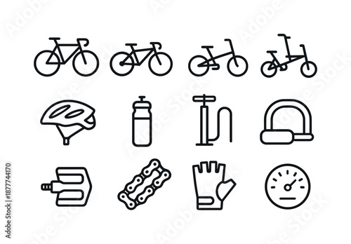 Biking Icon Set. Biking. Line icon set of biking: road bike, mountain bike, BMX bike, folding bike, bike helmet, water bottle, bike pump, bike lock, pedal,
