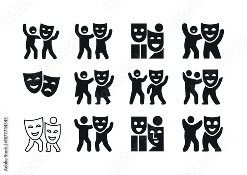 Masked Theater Icons. A live theater performance with actors wearing masks. Icon set. Set Logo of A live theater performance with actors wearing masks: drama