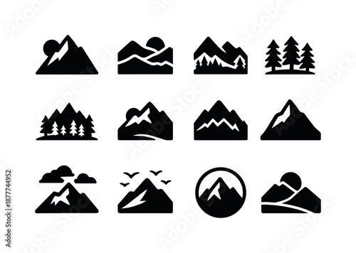 Mountain Sunset Icons. Mountain sunset. Solid icon set of mountain sunset: peak silhouette, descending sun, layered mountains, pine forest, valley line, warm