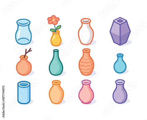 Minimalist Vase Icons. Minimalist vases. Colorful isometric vector icons set of minimalist vases: clear glass vase, single flower, white ceramic