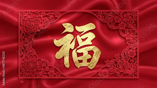 Elegant Golden Fu Character Symbolizing Fortune on Vibrant Red