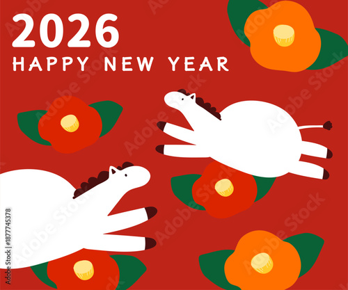Cute Traditional Chinese Horse Illustration for Lunar New Year 2026 Background Card with Happy New Year Text