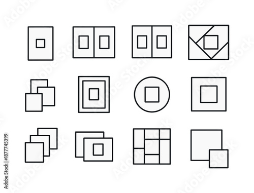 Photo Layout Icons. Photo layout ideas. Line icon set of Photo layout ideas: single photo frame, double photo frame, grid layout, diagonal layout, cluster