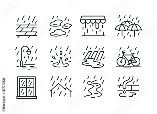 Rainy Street Icons. Street scenes in rain. Line icon set of Street scenes in rain: wet pavement, puddle cluster, dripping awning, umbrella crowd, streetlight