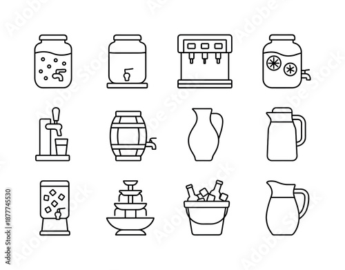 Party Drink Icons. Party drinks. Line icon set of party drink dispensers: punch dispenser, beverage cooler, soda fountain, lemonade stand jug, beer tap, drink