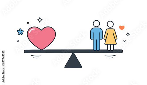 Heart on Scales. Emotional Balance and Love. Conceptual illustration of a heart balanced on simple scales, expressing care, respect, and emotional equality in