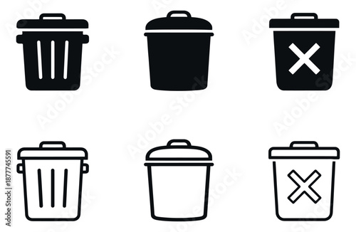 Modern graphic icon trash can set featuring solid and outline styles for waste management and digital deletion