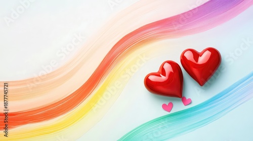 Acrylic rainbow lines curving protectively around two red hearts, styled for love and equality concepts