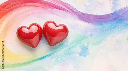 Acrylic rainbow lines curving protectively around two red hearts, styled for love and equality concepts