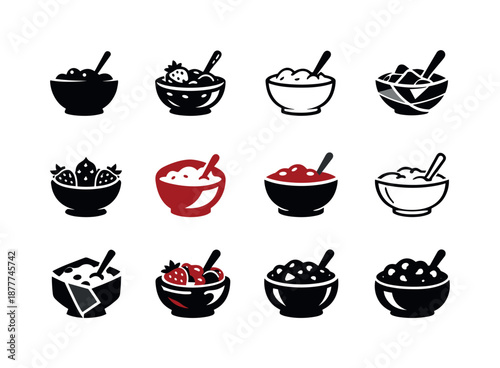 Jam Logo Montage. Jam. Icon set. Set Logo of Jam: fruit preserve bowl. harmonious logo variations of the same emblematic concept, each with different artistic