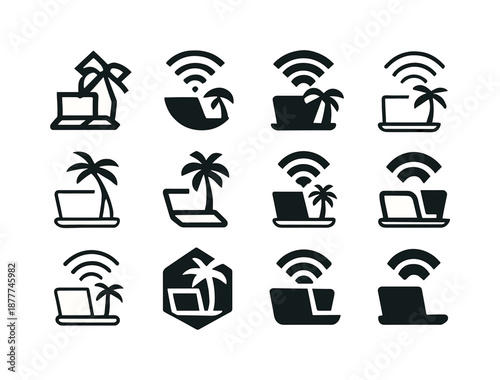 Remote Work Icons. Digital Nomad Communities and Remote Workspaces. Icon set. Set Logo of digital nomad communities and remote workspaces: mobile hotspot icon.