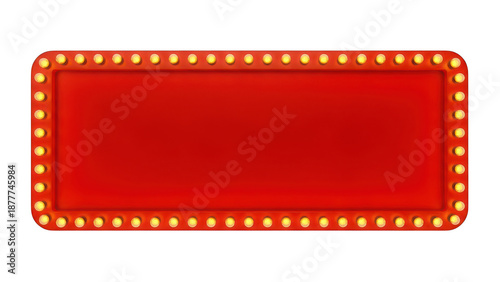 Rectangular red marquee sign board with light bulbs, isolated subject for custom show announcements.